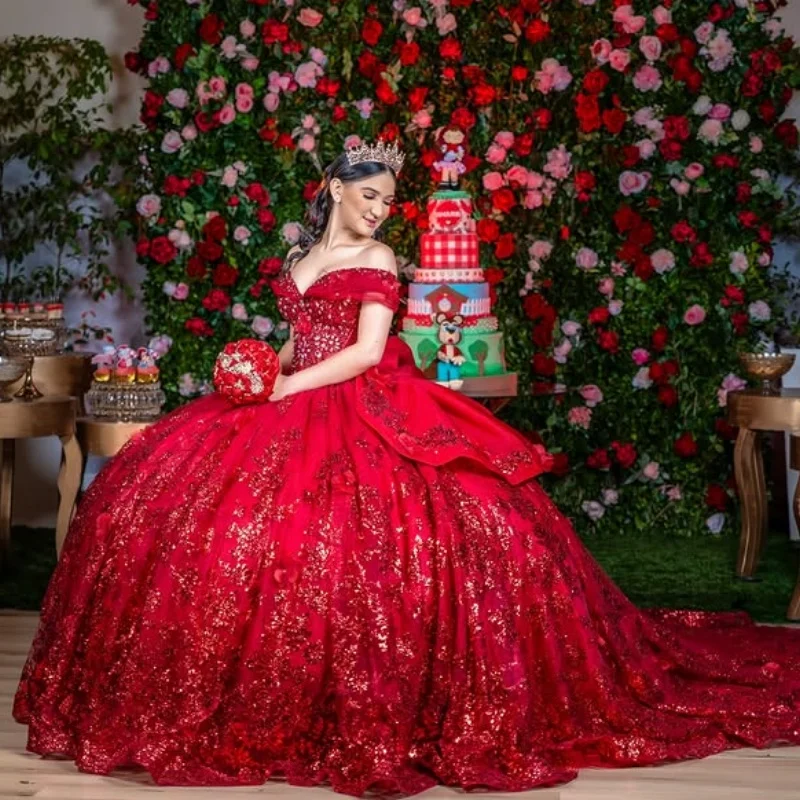 

Shiny Red Quinceanera Dress crystal glitter decal Decal 3D flower Long tail Lace layering Vestidos De 15 Quinceanera ﻿Customize