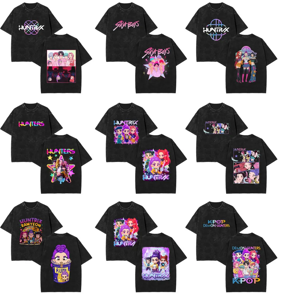 

Washed Vintage Men Women Cartoon Movie KPop Demon Hunters T Shirts Rumi Mira Zoey T-shirt Tops Saja Boys Tshirt Derpy Tiger Tees