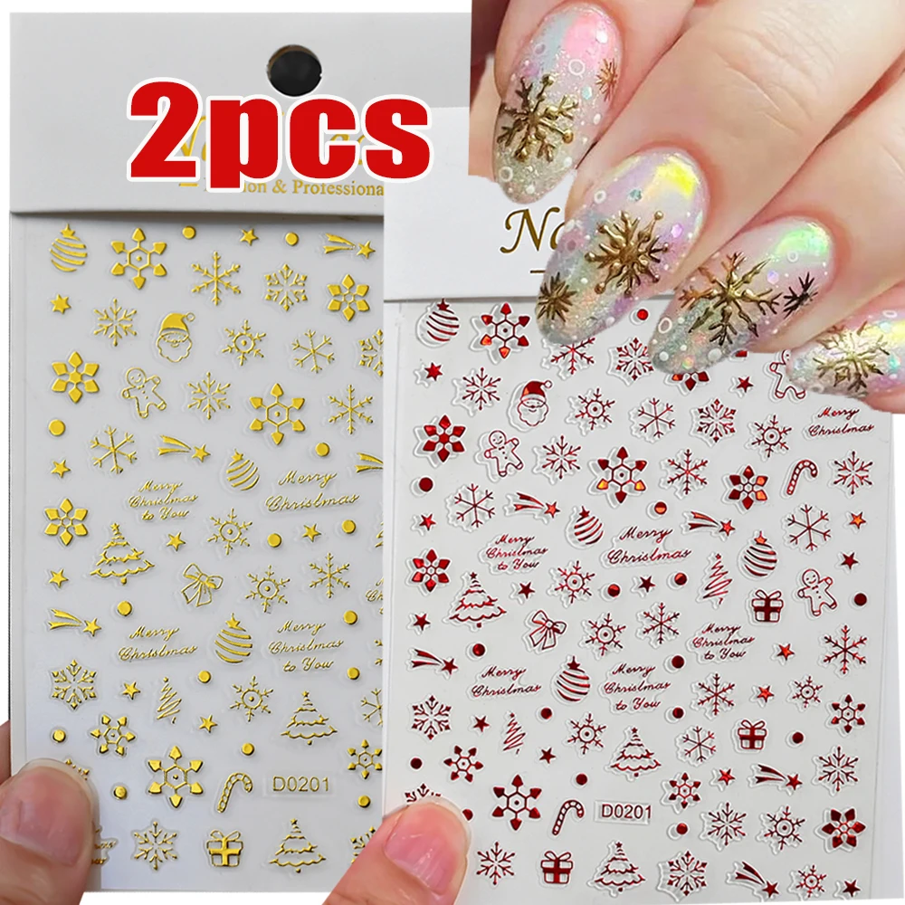 2Sheets Sparkling Snowflakes Christmas Nail Stickers Golden+Red Christmas Tree Bowknot Merry Christmas Self-Adhesive Nail Slides