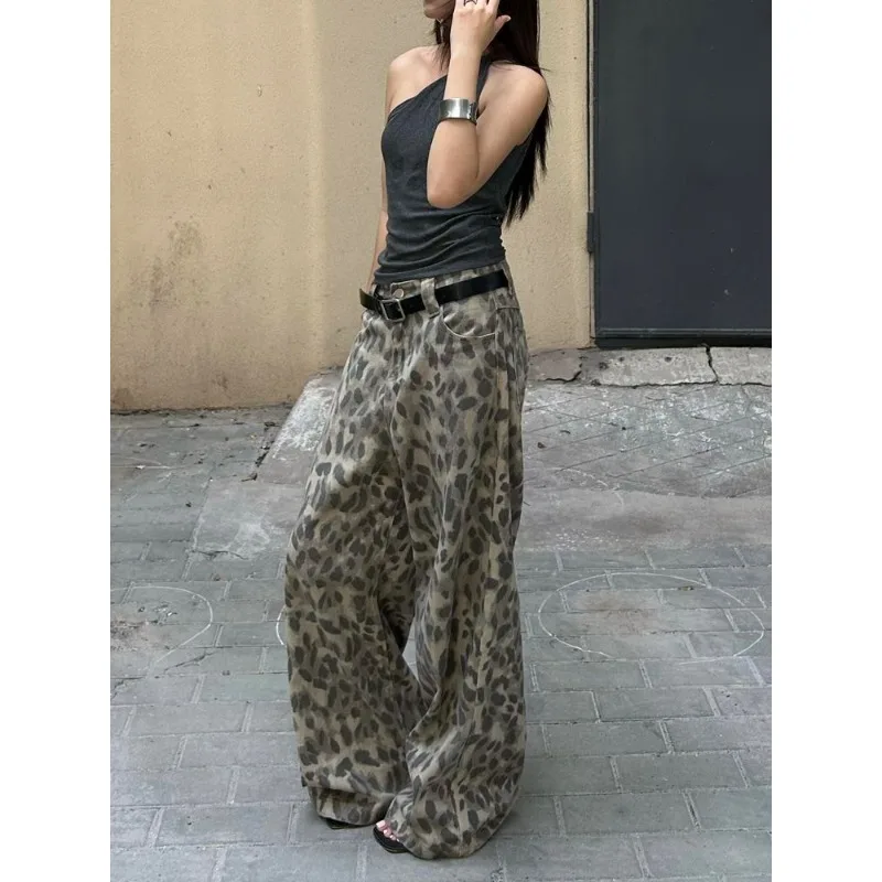 Y2k Washed Leopard Jeans Women Summer Animal Print American Vintage Wide Leg Denim Pants Baggy Streetwear Gyaru Trousers