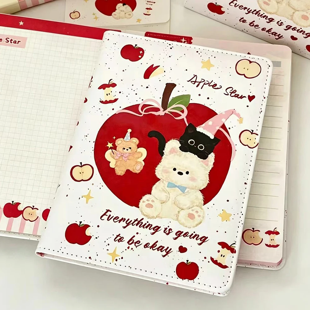 Cute Apple Bear A5 leather notebook, painted interior pages, thick student notebook with high aesthetics, office memo pad