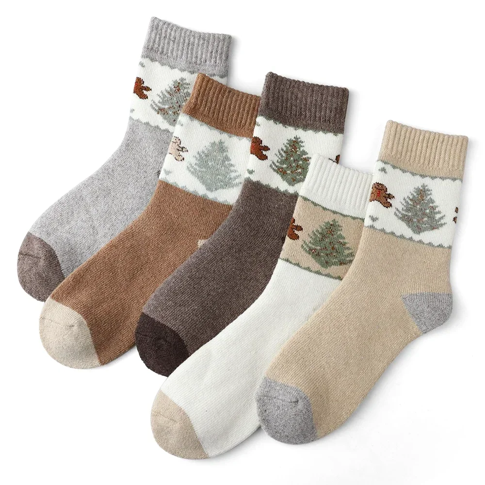 5 Pairs Women Wool Blend Winter Socks, Cute Bear Pine Tree Pattern Thick Thermal Crew Socks, Warm Fuzzy Home Socks for Boots