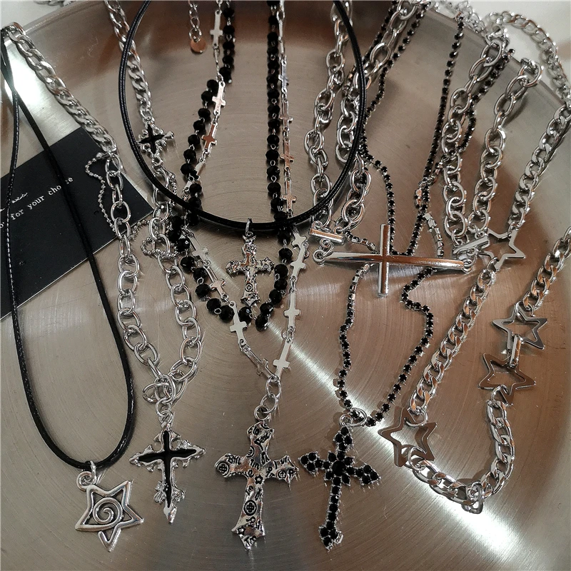 Gothic Punk Y2K Cross Star Pendant Chain Necklace Collares For Women Men Man Vintage Rock Grunge EMO Charm Jewelry Accessories