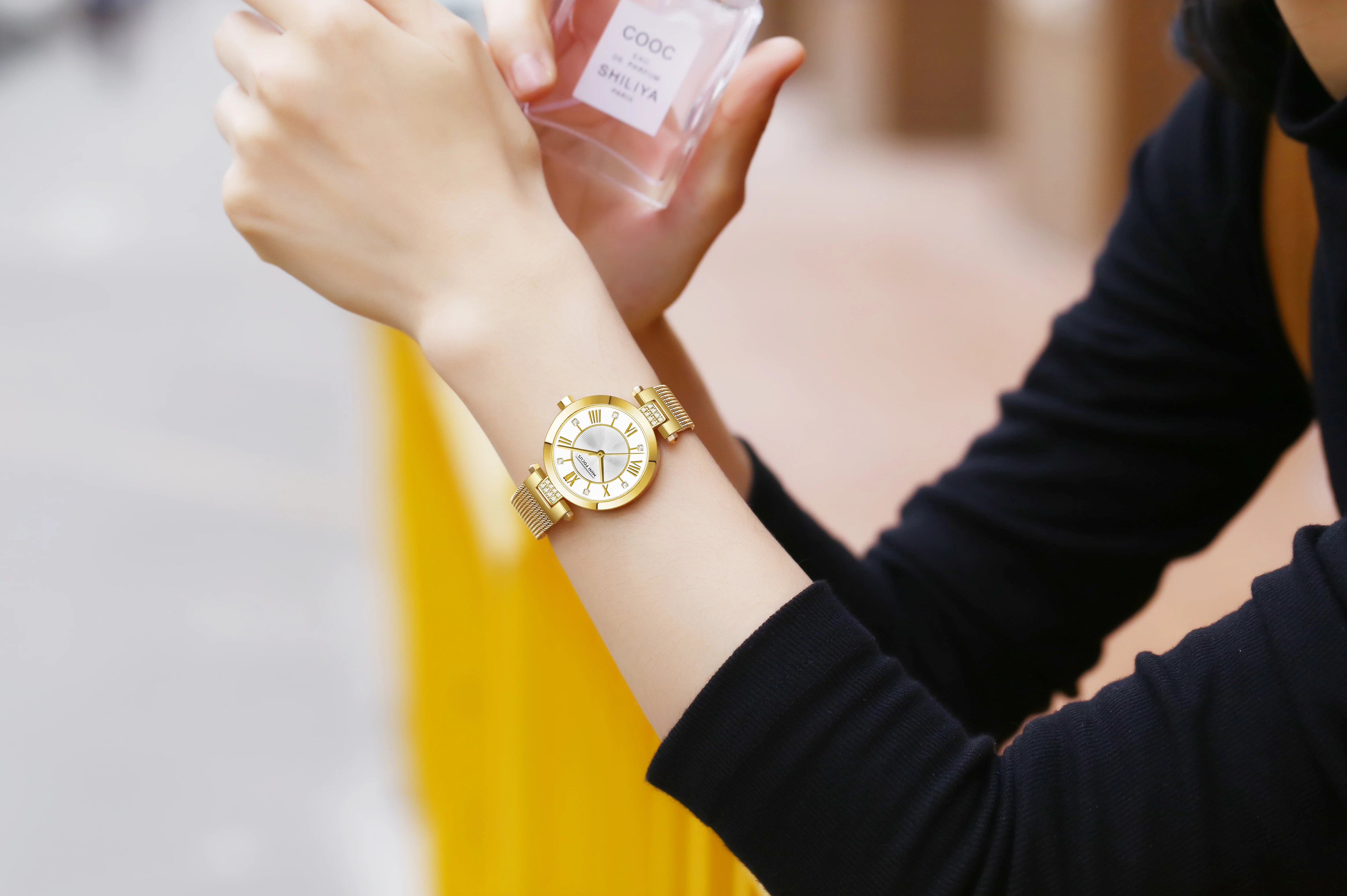 MMINI FOCUS MF0215L женские роскошные кварцевые часы с бриллиантами, весы, водонепроницаемые, с золотой сеткой, ремешок из нержавеющей стали, женские наручные часы