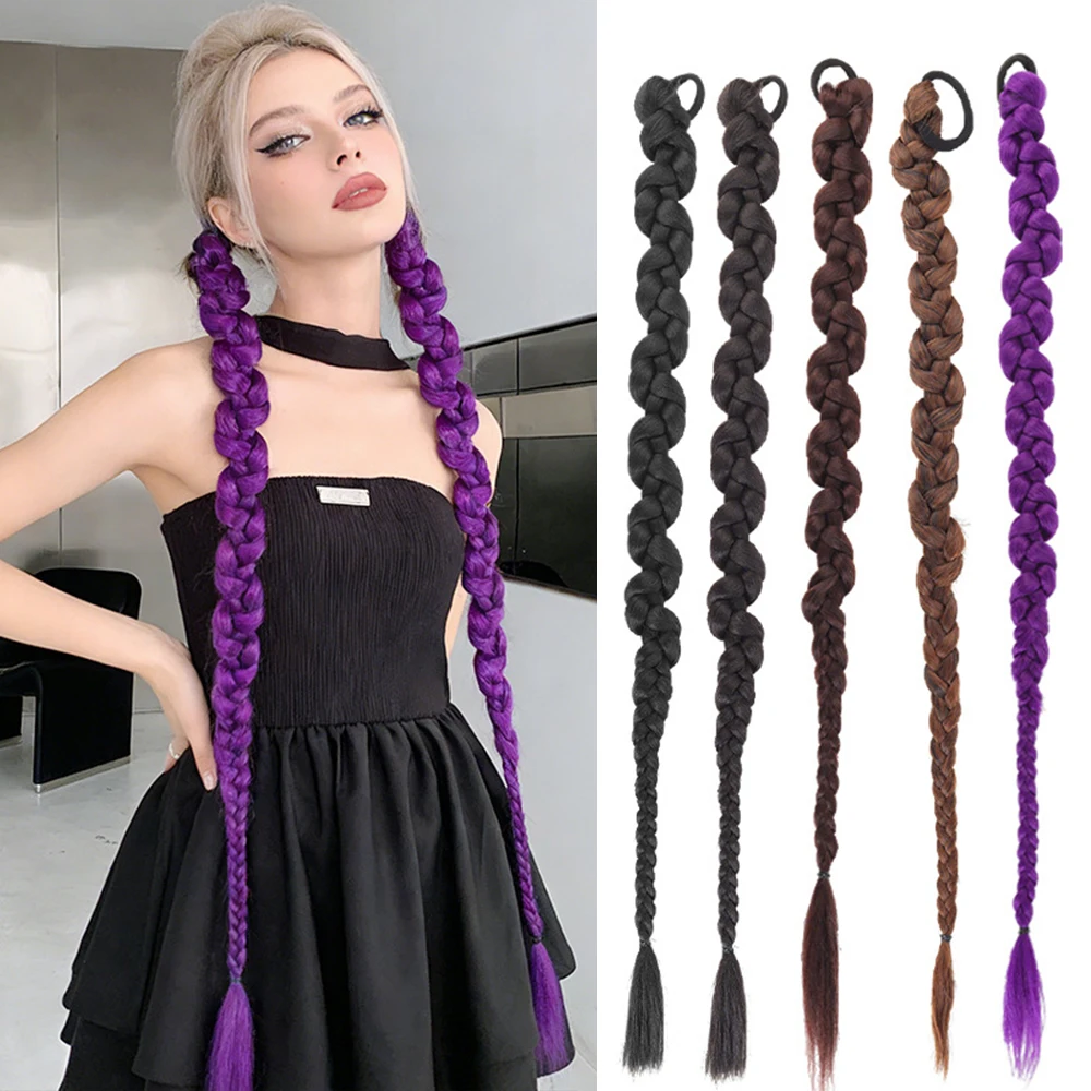 Twist Braiding Synthetic Purple Tail With Rubber Band Hair Ring Long Boxing Braids Crochet Braid Hair Ponytail Extensions