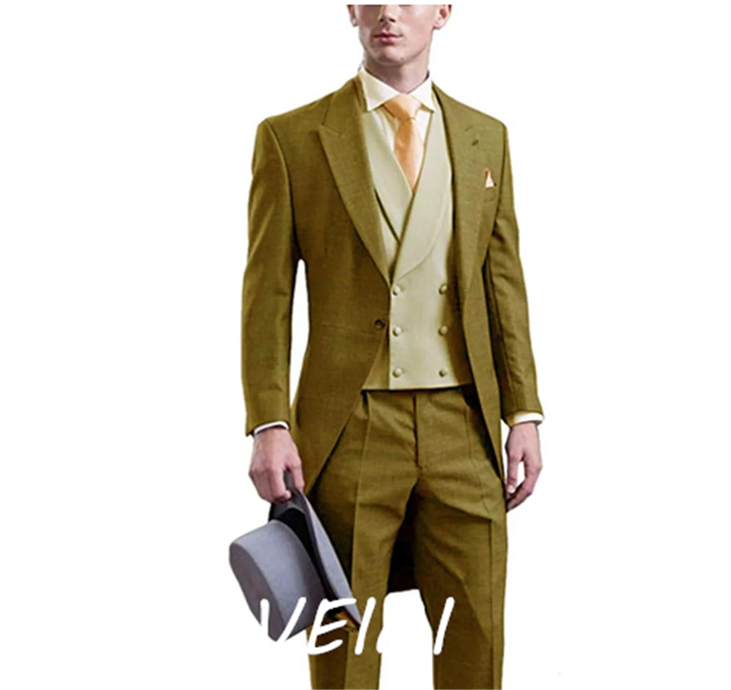 

CustomizedFashion 3-х предметный мужской желтый костюм классический дизайн костюм Slim Fit шаль с лацканами фрак смокинги для вечеринки (пиджак + жилет + сковорода