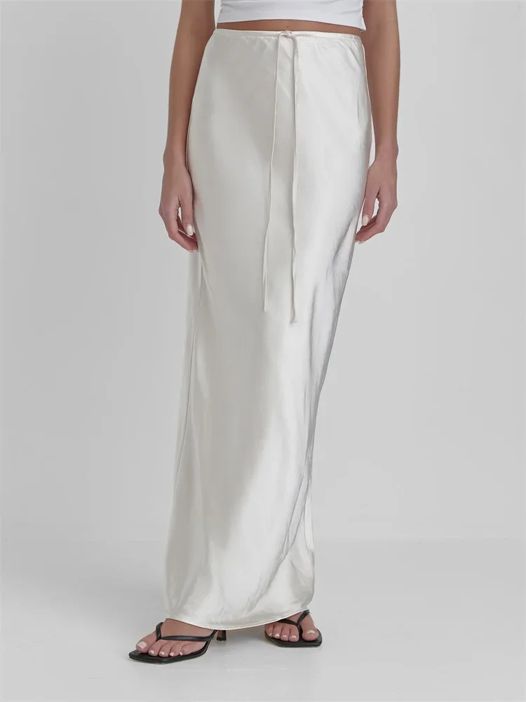 Falda larga plisada con cordones para mujer, falda larga plisada de retazos, cintura alta, color liso, informal, elegante, verano, 2024