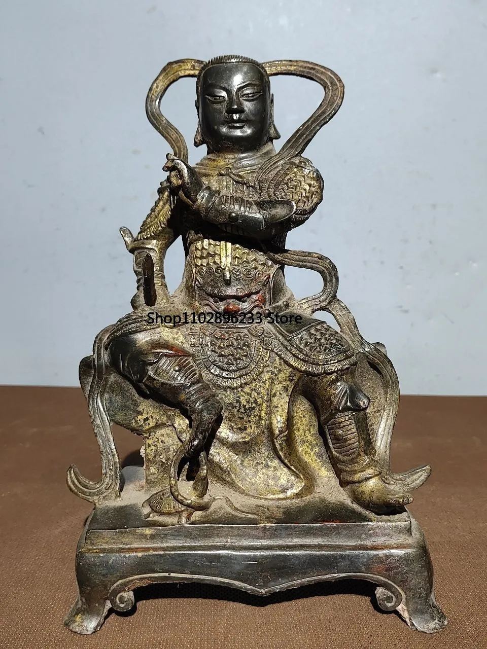 Brass mud gold cinnabar painting real Xuanwu Emperor statue, patriarch sitting statue ornament, home hall supplies, offering jew