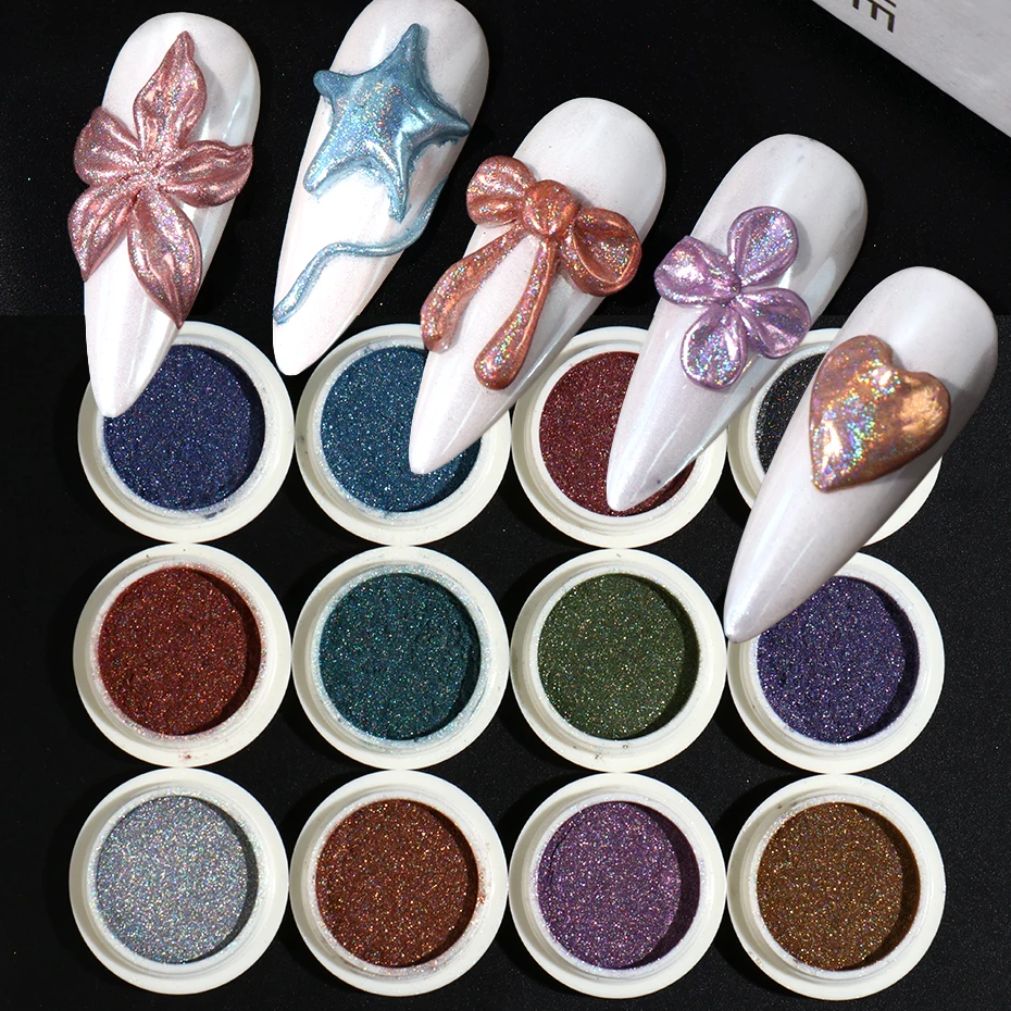 12 stuks holografisch chroom nagelpoeder glitter laser zilver roze metallic regenboog wrijven stof pigment nagelkunst decoraties make-up
