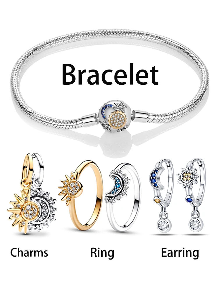 Original sol e lua série anéis & brincos encantos contas pulseiras se encaixa feminino 925 prata