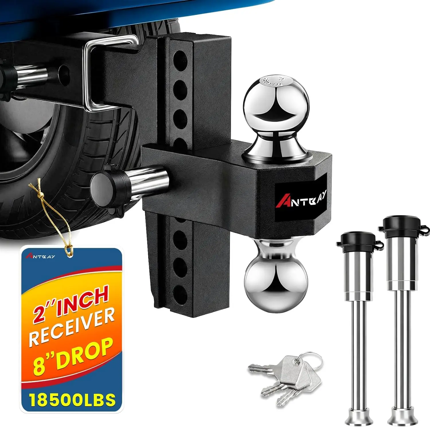 

Adjustable Trailer Hitch with 8-Inch Drop & Rise, Fits 2 Inch Receiver, Heavy Duty Aluminum for Trucks up to 12,500 LBS GTW