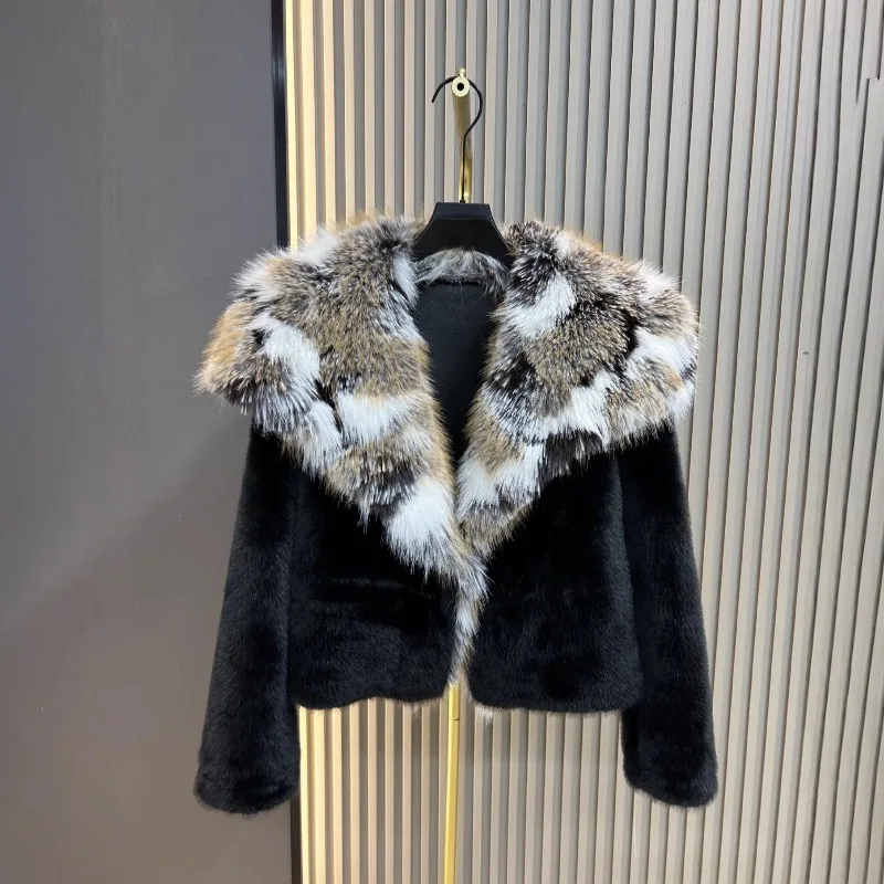 Soft Comfortable Fur Coat  2025 Autumn Winter New Large Furry Collar Short Faux Mink Fur One-Piece Furry Coat Outerwear Ladies