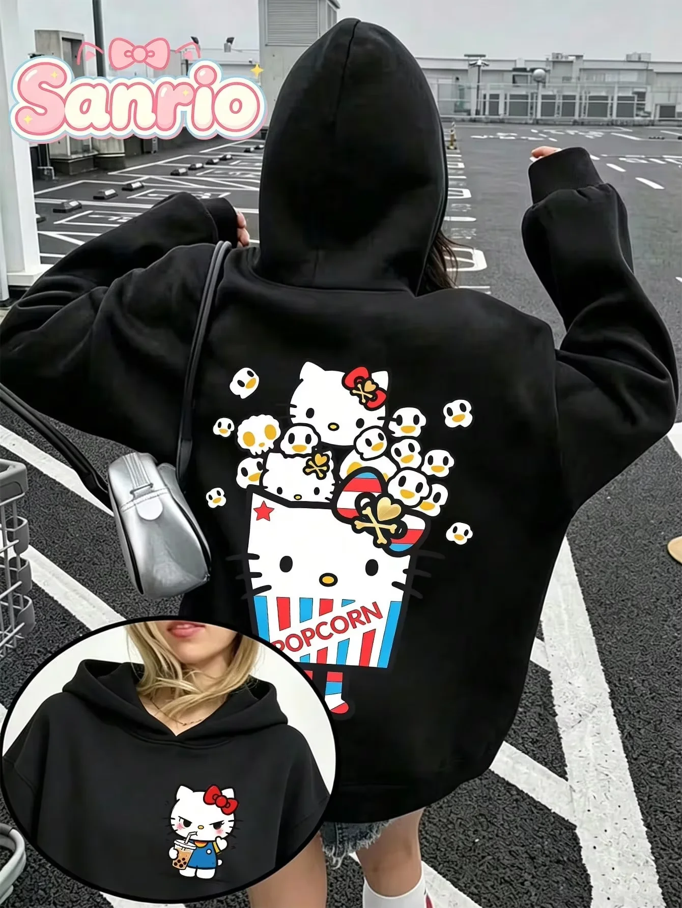 Hello Kitty Popcorn Bucket Pattern Hoodie Women's Kawaii Cartoon Front and Rear Printed Comfortable Sweatshirt Y2k