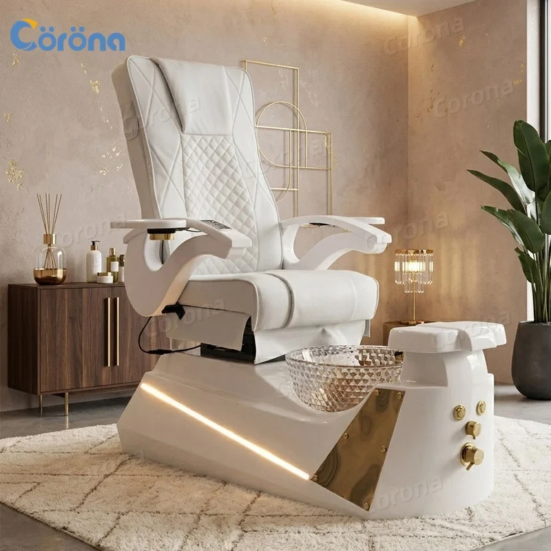 Professional Spa Salon Furniture Luxury White Pedicure Chair with Crystal Bowl for Nail Shop