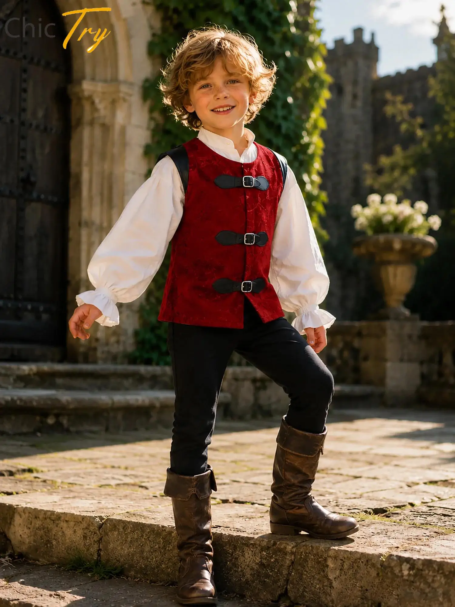 Viking Medieval Renaissance Prince Costume Halloween Pirate Theme Party Cosplay Costume Sleeveless Faux Leather Buckles Vest