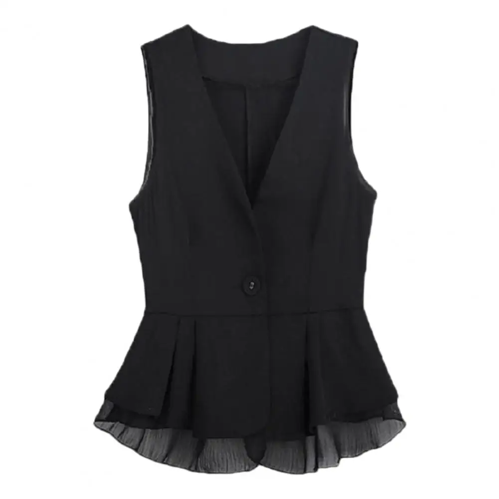 Women Button-down Vest Jacket Sleeveless Pleated Ruffle Mesh Patchwork Suit Coat Solid Color Casual Daily Wear Waistcoat