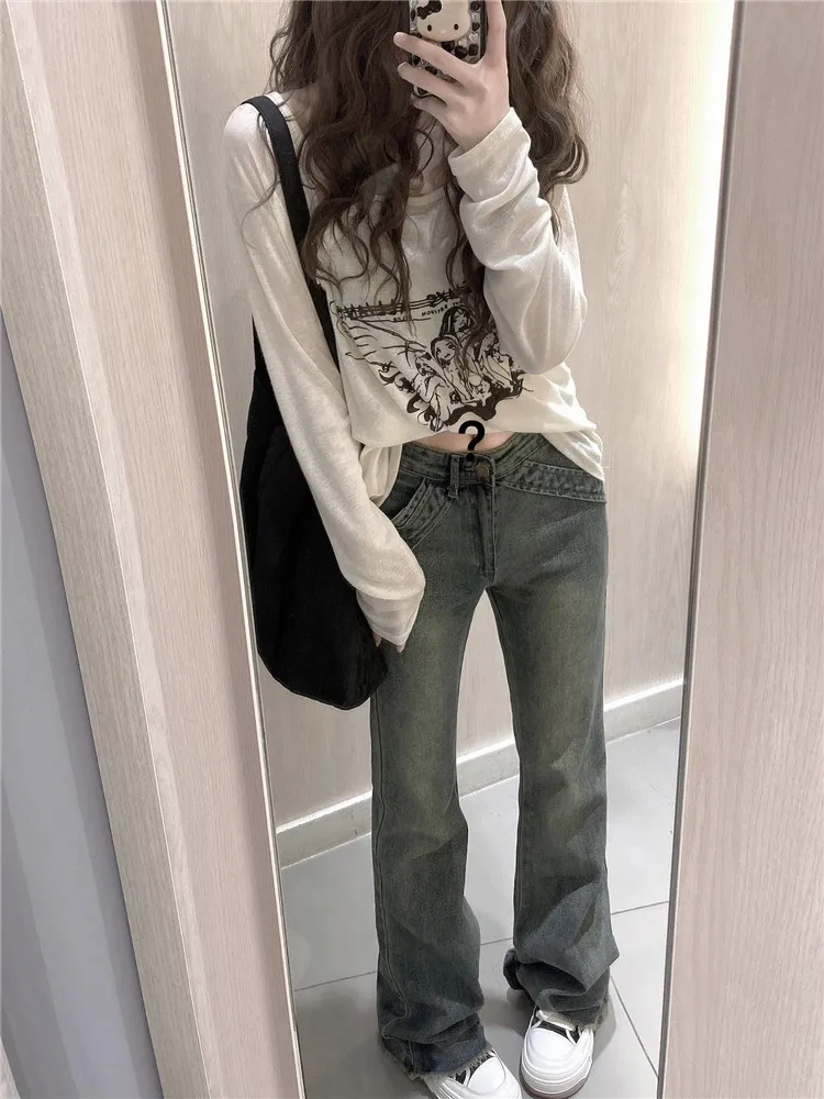 

American High Street Millennium Blue Low Waist Flared Denim Jeans Women's Spring Autumn Frayed Extended Long Floor-Length Pants