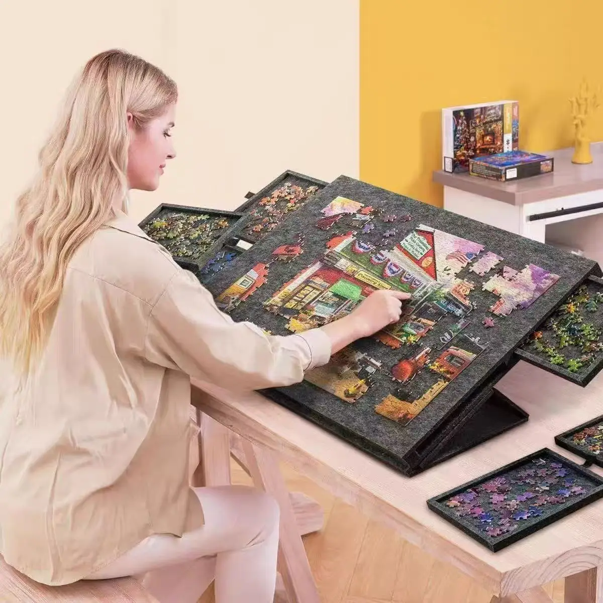 1 Set 6 in 1 Tilting Puzzle Board with 2-in-1 Designed Stand & Cover for Adults Portable Jigsaw Puzzle Table Up To 1000 Pieces
