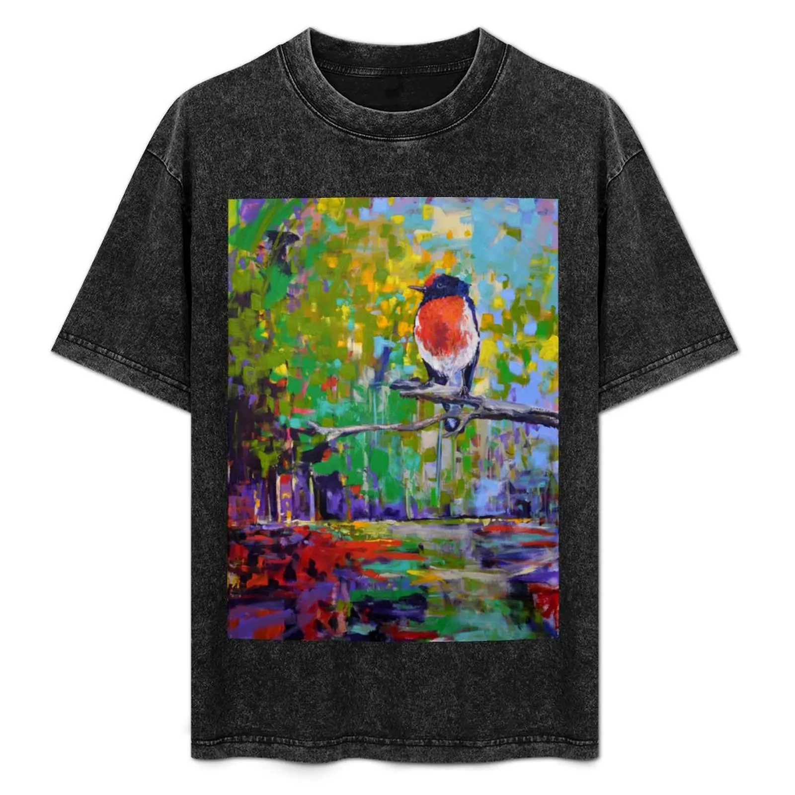 

Red Crested Robin in Paradise, expressive painting. T-Shirt heavyweights luxury t-shirt summer tops Short sleeve tee men