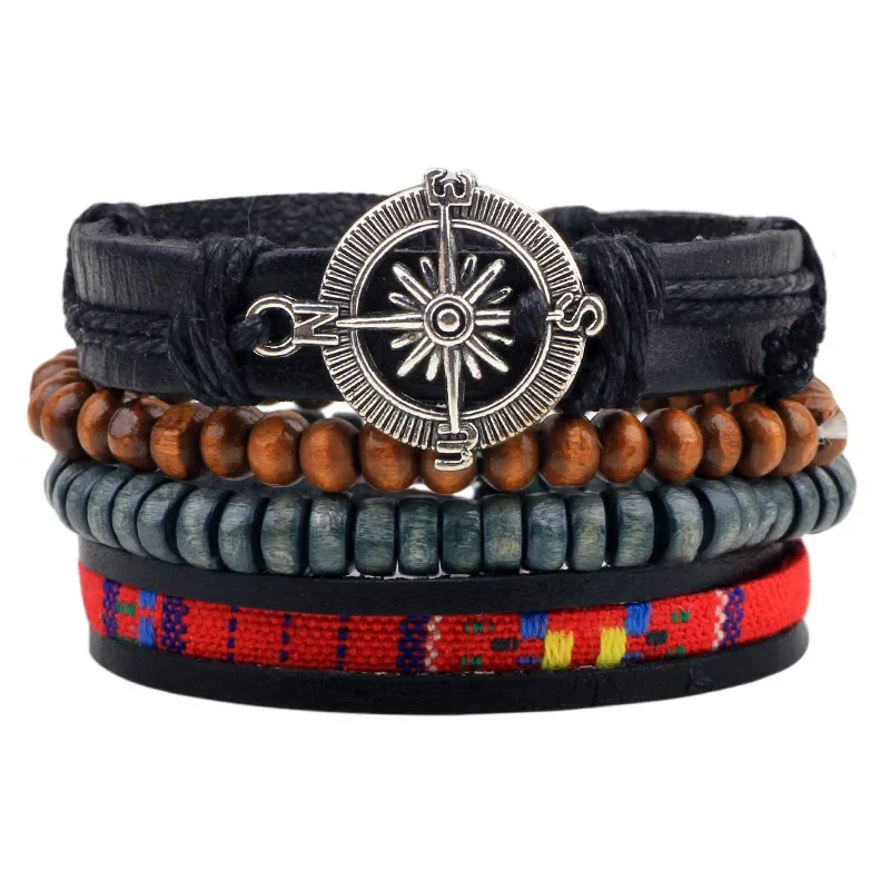 Punk Gothic Rock and roll Simple Individuality Originality Leather Weaving Bracelet Combination set  Wooden bead Compass