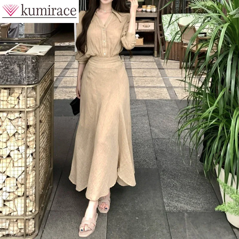 

Khaki Retro Temperament V-neck Long Sleeved Shirt Women's Summer Casual Suit High Waist A-line Skirt Half Skirt Two-piece Set