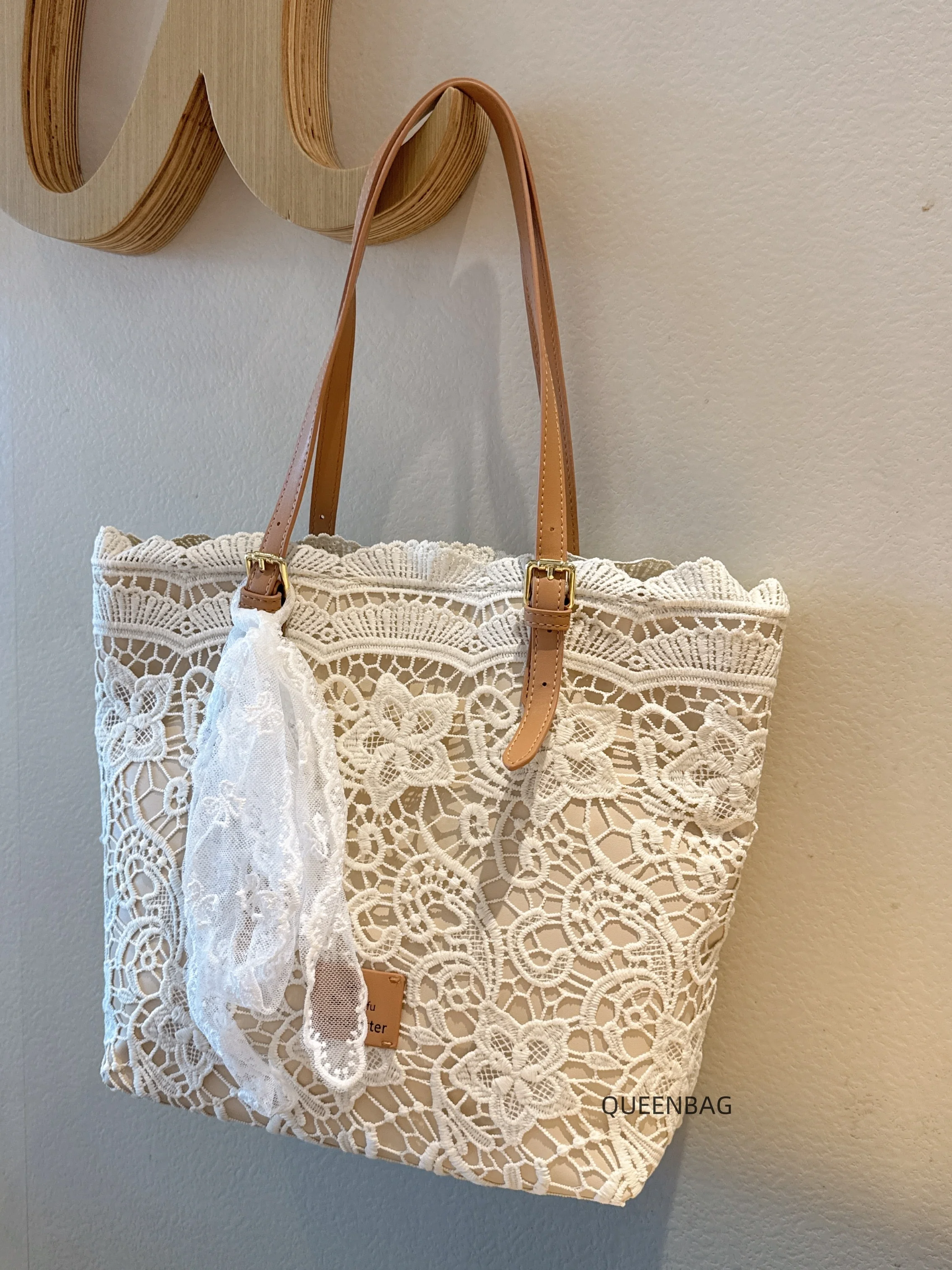 NOVEDAD DE VERANO 2021, bolso de mano de encaje de gran capacidad, bolso de mano tejido con lazo de encaje para mujer, mochila de moda para vacaciones en la playa para niña