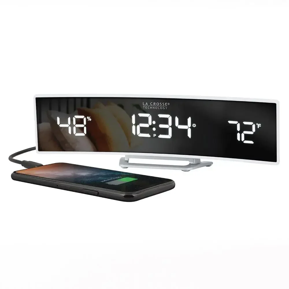 Curved Glass LED Alarm Clock USB Charge Port Temperature Humidity Backup Power Night Mode