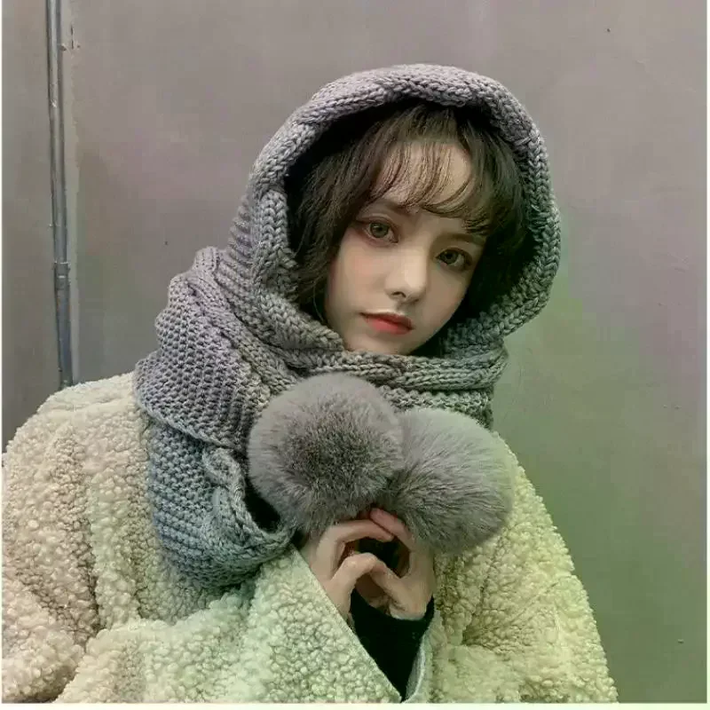 

Утолщенная вязаная шерстяная шапка, шарф с капюшоном, шапка с защитой ушей, теплые шапки, зимняя шапка и шарф, комбинированный для женщин