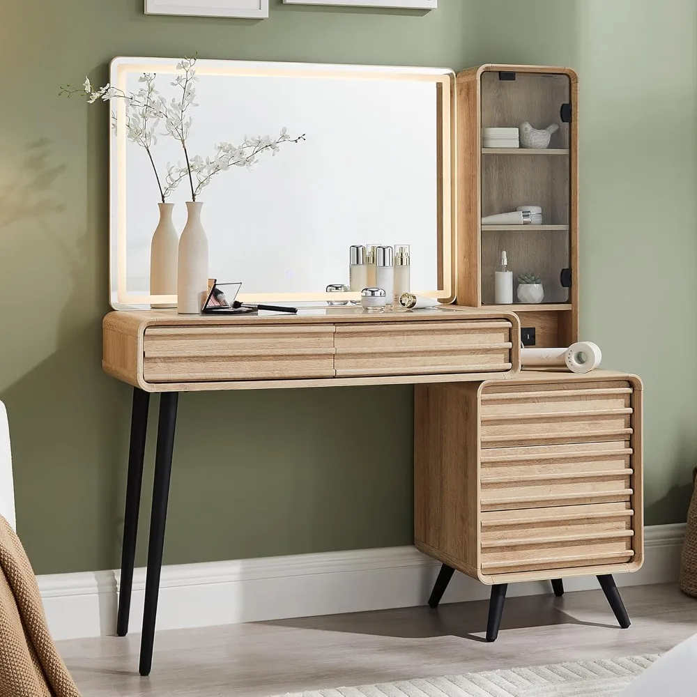 Tocador de maquillaje estriado con espejo grande iluminado HD de 35", mesa de tocador moderna de vidrio de mediados de siglo de 48" con 5 cajones