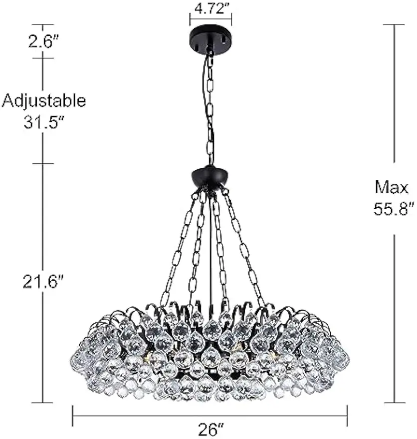 Black Crystal Chandelier, Prismatic Crystal Pendant Light for Dining Room, Light Rustic Chandelier for Living Room, Bedroom