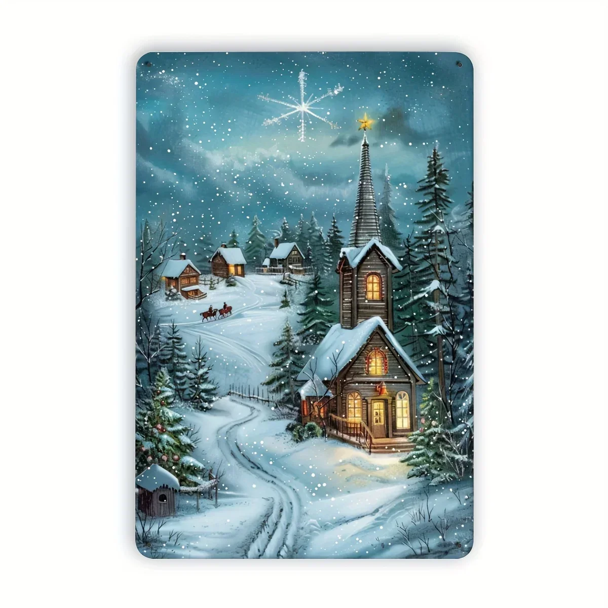 Vintage Christmas Village Metal Tin Sign - Snowy Winter Scene with Cozy Cabins and Starry Sky, Durable Iron Wall Art for Indo