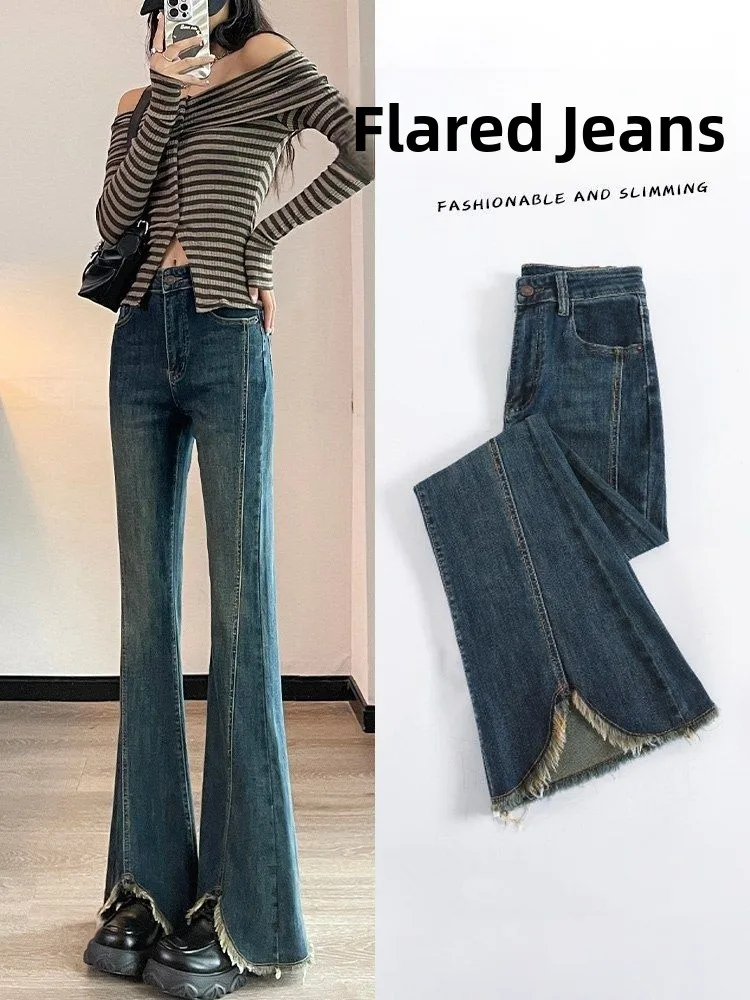 Damskie jeansy z wysokim stanem, rozszerzane, proste nogawki, na wiosnę i jesień, plus size, elastyczne, z rozcięciem, wyszczuplające, bootcut, długość do podłogi.