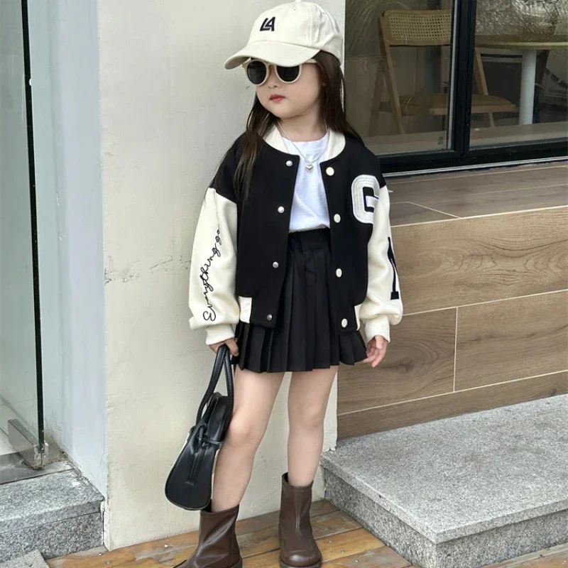 2023 Autumn Baby Girls Clothes Sets Infant Sports Baseball Jackets Uniform Kids Letter Cardigan Top and  Pleated Skirt Suits