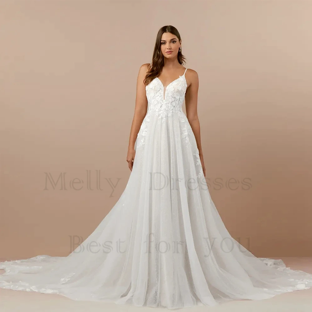 

Ivory Spaghetti Straps Wedding Dresses for Women 2024 Summer Soft Tulle Bridal Gowns with Lace New Sweep Train Robe De Soirée