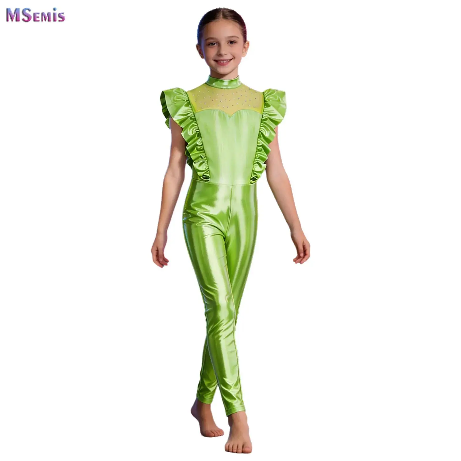 Kids Girls Jazz Dance Metallic Jumpsuit Alien Robot Astronaut Full Length Leotard Full-body Shiny Unitard for Halloween Cosplay