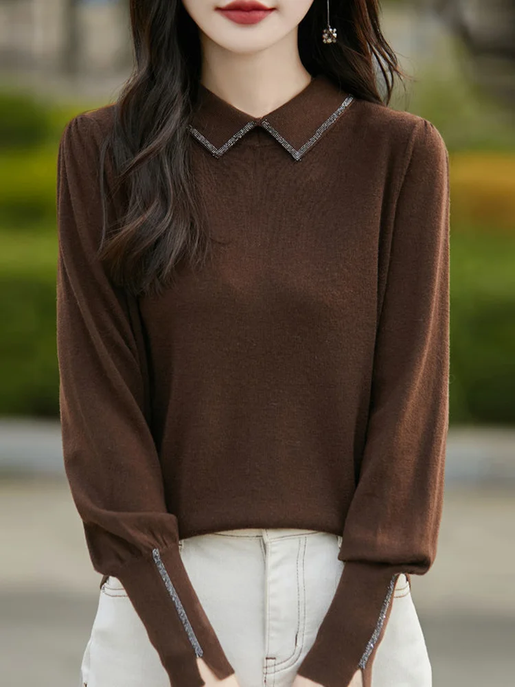 Korean Style Slim Fit Wool Knitwear Diamond Embellished  Collar Lantern Sleeve Women's Outerwear Casual Soft Resin Color