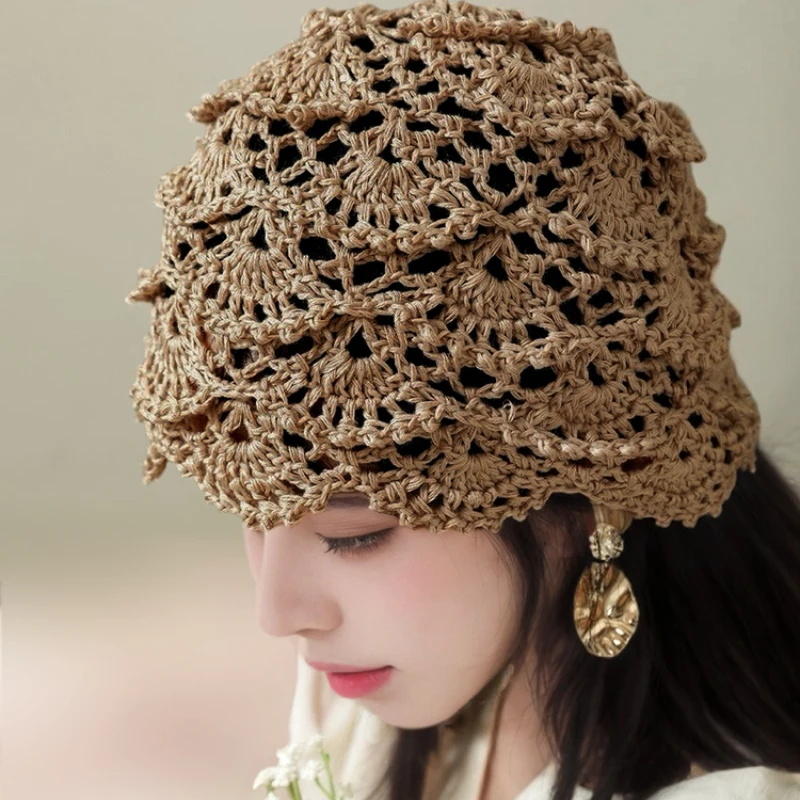 

French Linen Handmade Crochet Stacking Hats for Women Spring and Summer Hollow Foreign Style Niche Literary Pullover Beanies