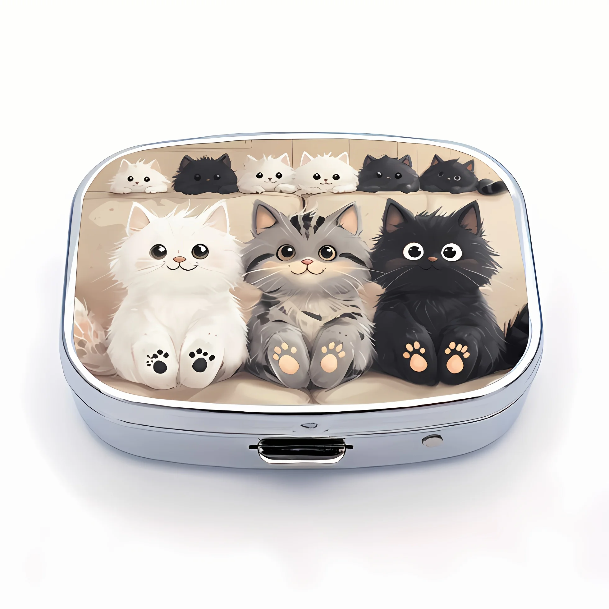 1 Metal Square Pill Box with Cute Cat Design, Heartwarming Design, Can Be Placed in a Wallet or Pocket, Portable Cute Metal Pill Box, Double Compartment Portable Pill Box, Mini Pill Box for Travel or Daily Use