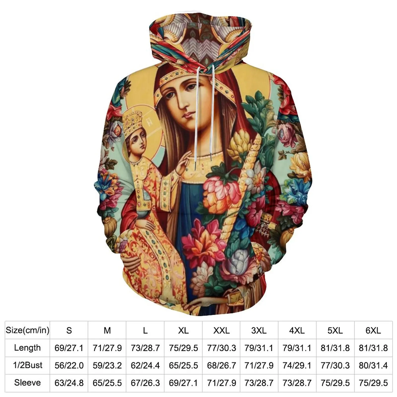 Virgin Mary Loose Hoodies Queen of Flowers Harajuku Hoodie Unisex Long Sleeve Oversize Street Style Custom Clothing