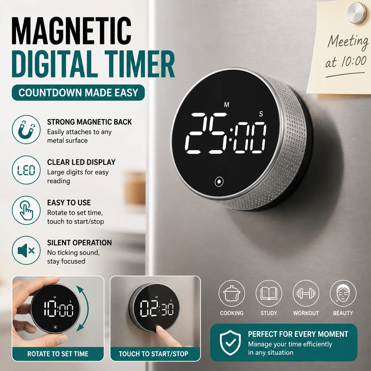 Magnetic Countdown Timer, Mechanical Digital Counter Clock for Kitchen Cooking Shower and Study Time Reminder