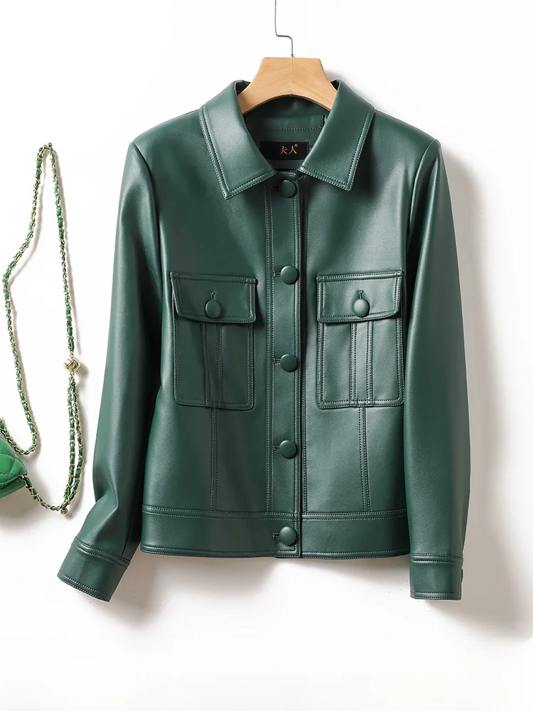 

Женская куртка из натуральной кожи Ning, весенне-осенняя верхняя одежда свободного кроя, новинка 2025 года, в корейском стиле, универсальная, стройнящая, с эффектом похудения.