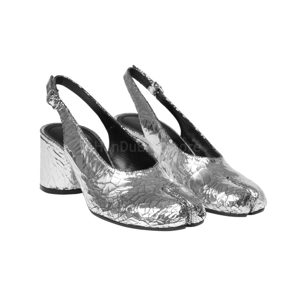 Women Split Toe Tabi Shoes Chic Metallic Silver Leather Slingback Pumps Luxury Brand Designer High Heels