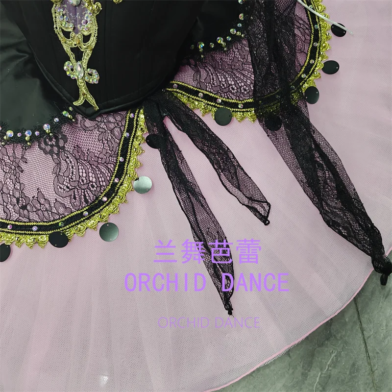 Women lace ribbon pointed V neck ballet tutu performance dress purple rhinestone gilded scroll embroidery black pink contrast se