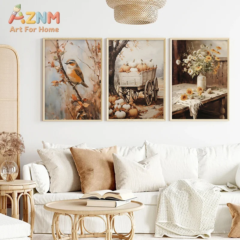 AZNM Cozy Fall Autumn Canvas Wall Art Pumpkin Cat Bird Country Cottage Vintage Oil Painting Harvest Season Unframed Canvas Home