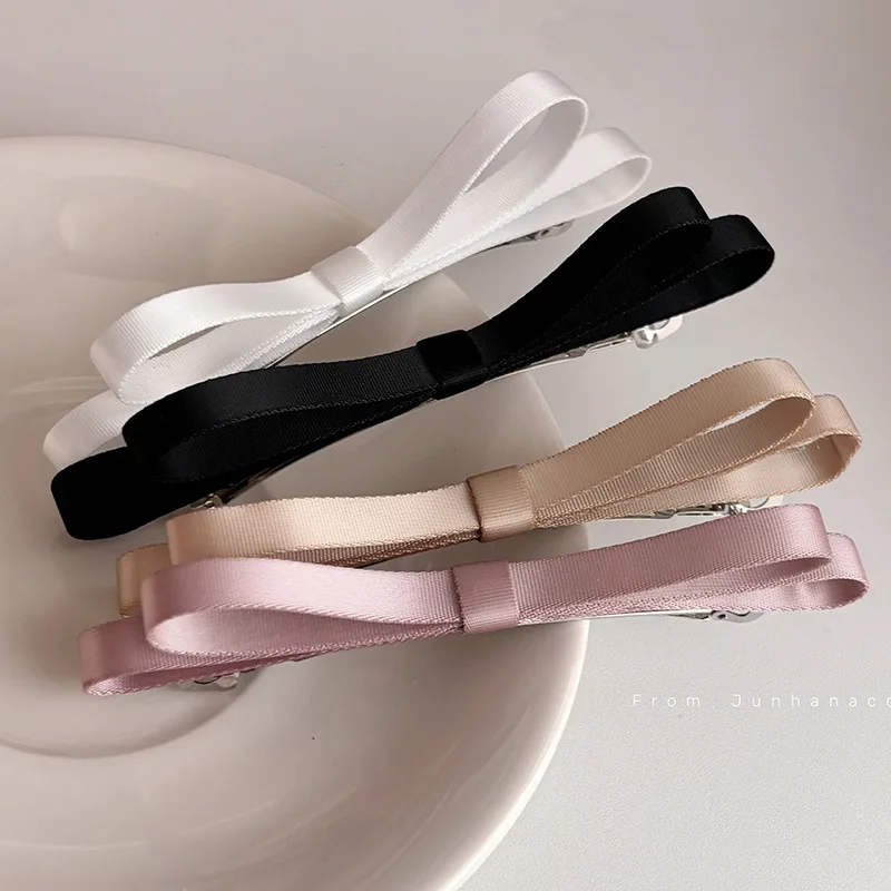 Ballet style Korean ribbon bow springclip slim and minimalist texture side hairclip ponytail clip hair accessories