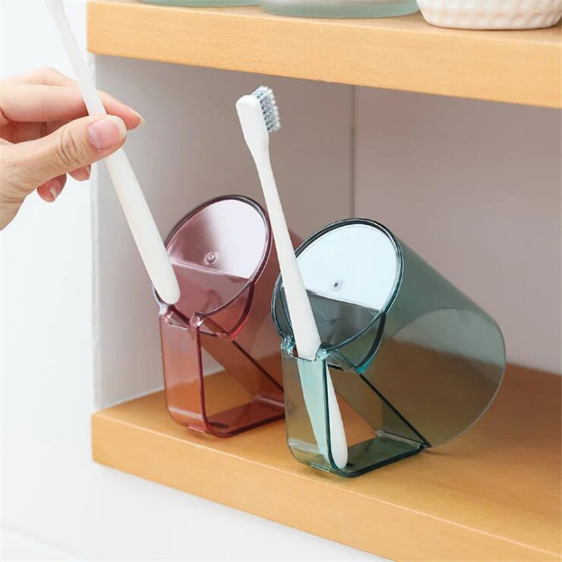 Transparent Inverted Toothbrush Cup And Mouthwash Cup Toothbrush Holder Simple Cup With Handle Bathroom Storage Shelves