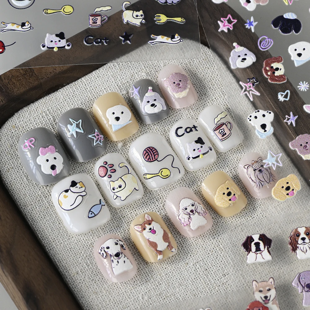 1pcs 5D 양각 개 고양이 만화 네일 아트 스티커 귀여운 강아지 활 네일 데칼 어린이를위한 다채로운 재미 동물 매니큐어 액세서리