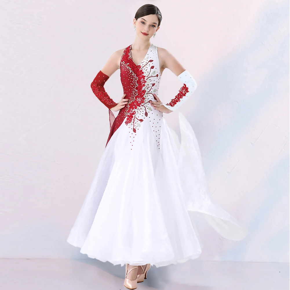 Ballroom Dance Ballroom Dance Dress Standard Wine Red Modern Waltz Dress Elegant Streamers Decals Rhinestones Sleeveless Dresses