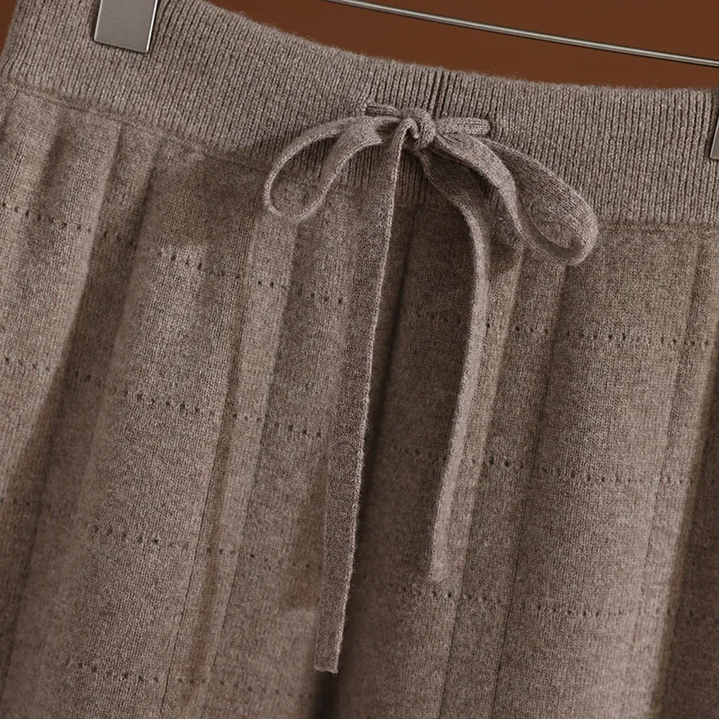 Women Hollow Pattern Wide Leg Pants Lady Office 100% Merino Wool Knitted Trousers Spring Autumn Winter Warm High Waist Pants