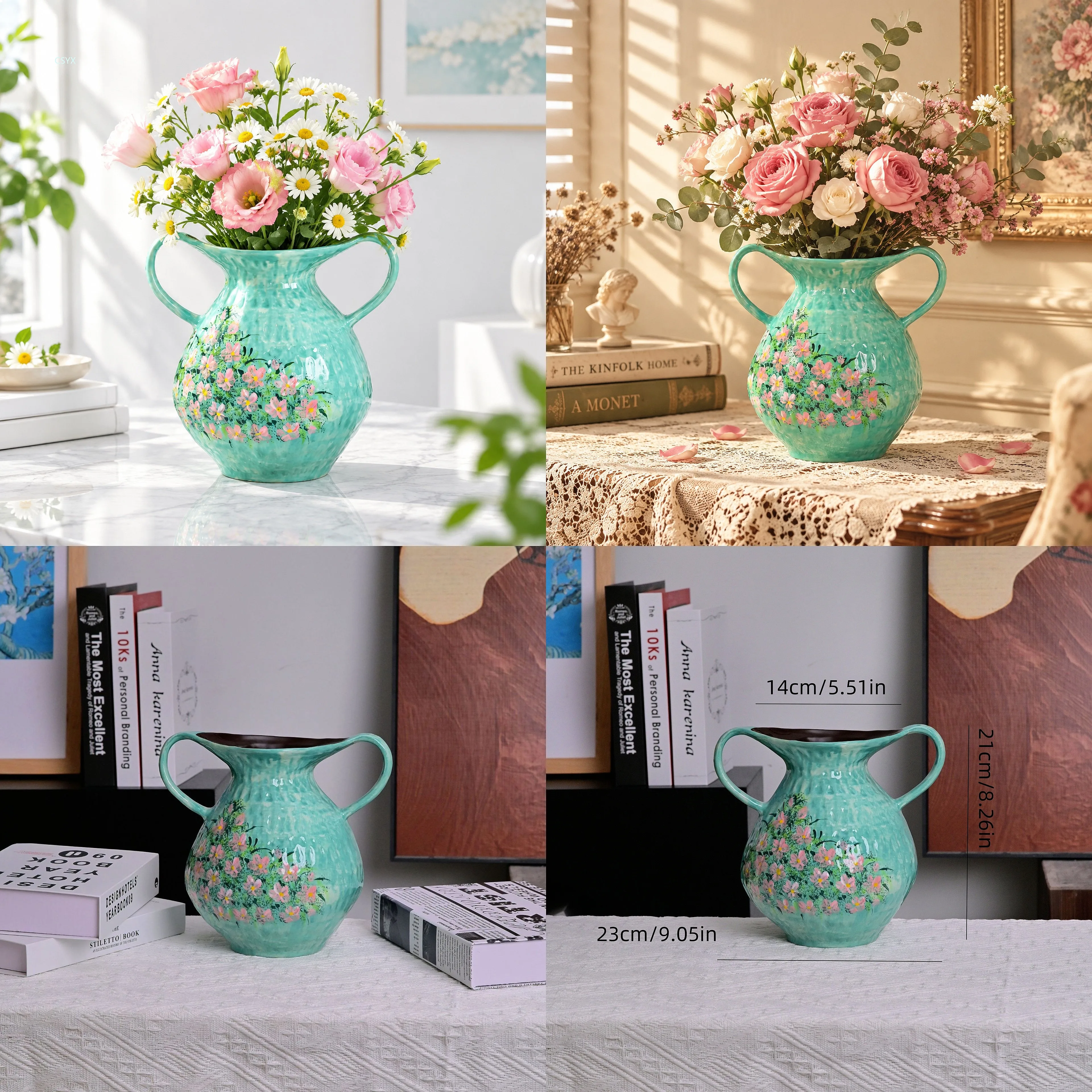 Hand Painted Ceramic Vase with Double Ears Floral Green for Hydroponic Flower Arrangement Living Room Entryway Home Decor
